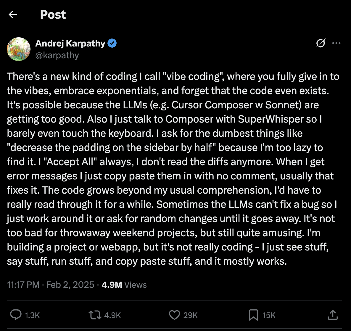 Andrej Karpathy's tweet introducing vibe coding